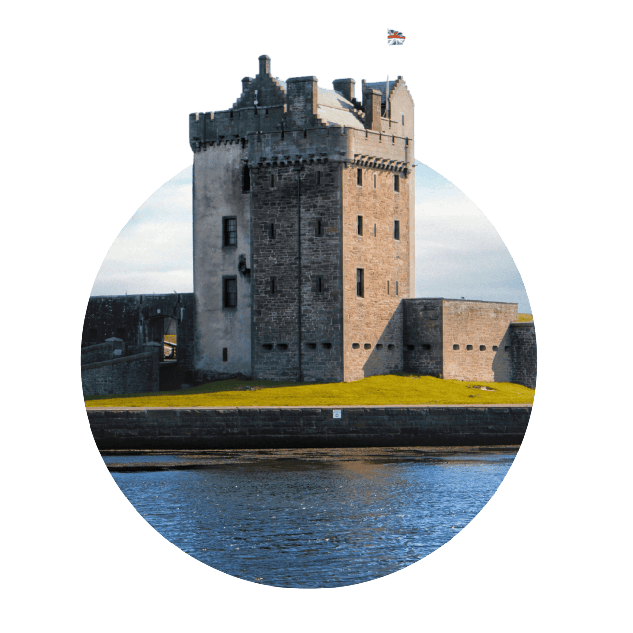 Jobs 2 Medieval castle overlooking water, historic Scottish fortress, Wallace Vets, Scotland veterinary clinic, stronghold architecture.