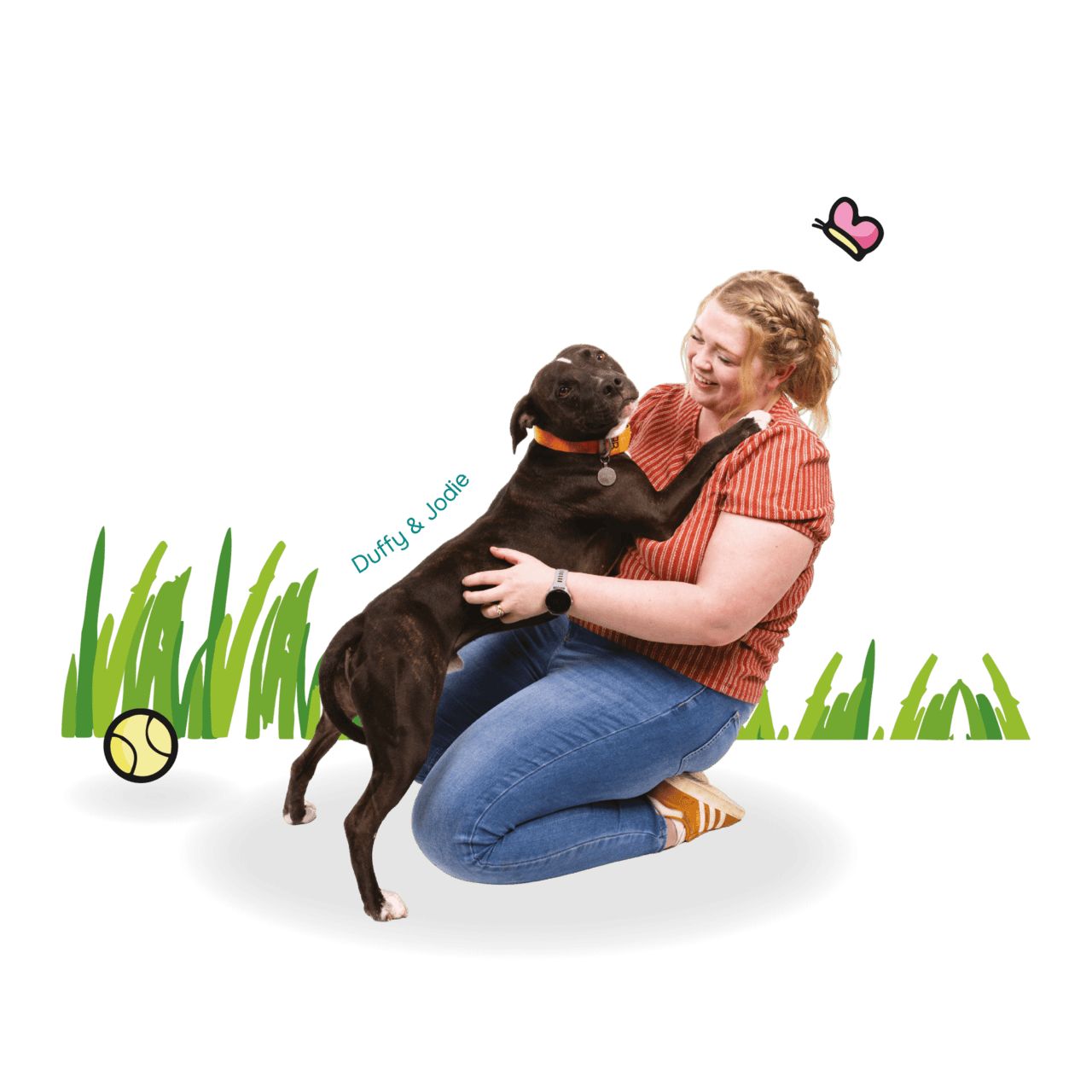 Happy woman playing with a black dog outdoors at Wallace Vets, specialist pet veterinary care in the UK.